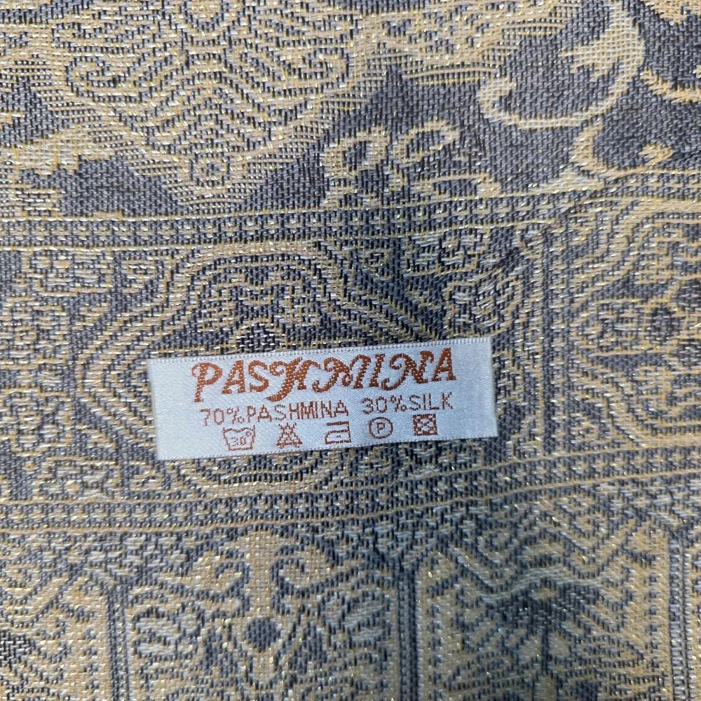 Pashmina Womens Gold Gray Paisley Silk Blend Fringe Reversible Wrap Scarf Shawl